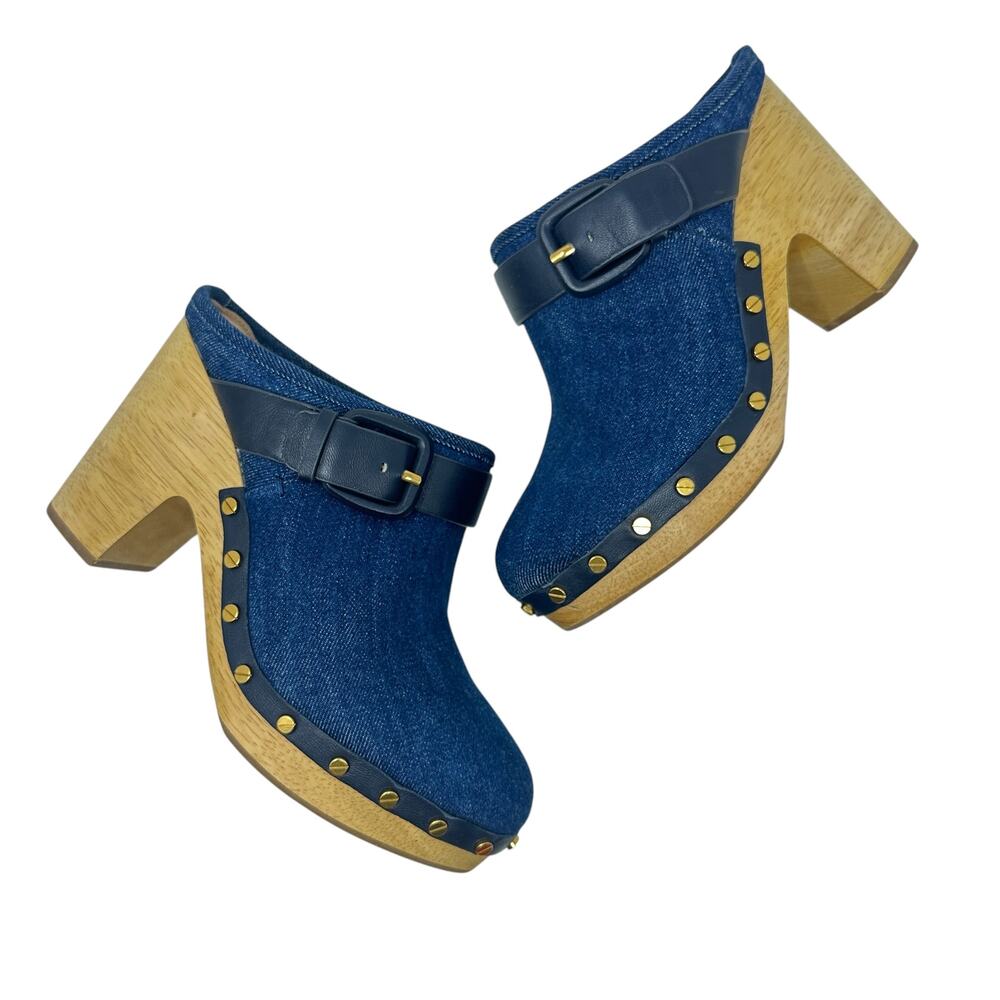 Veronica Beard Dacey Denim‎ Clogs Heels Studded Buckle Wood Blue Size 9.5